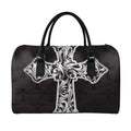 Ornamental Silver Cross Print Leather Duffel Bag