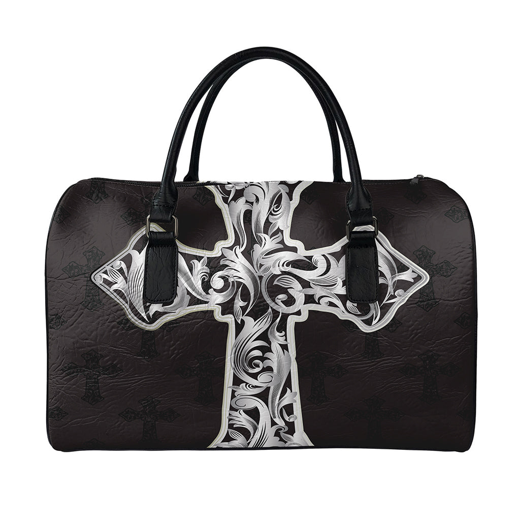 Ornamental Silver Cross Print Leather Duffle Bag