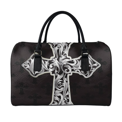 Ornamental Silver Cross Print Leather Duffle Bag