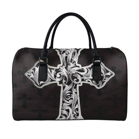 Ornamental Silver Cross Print Leather Duffle Bag