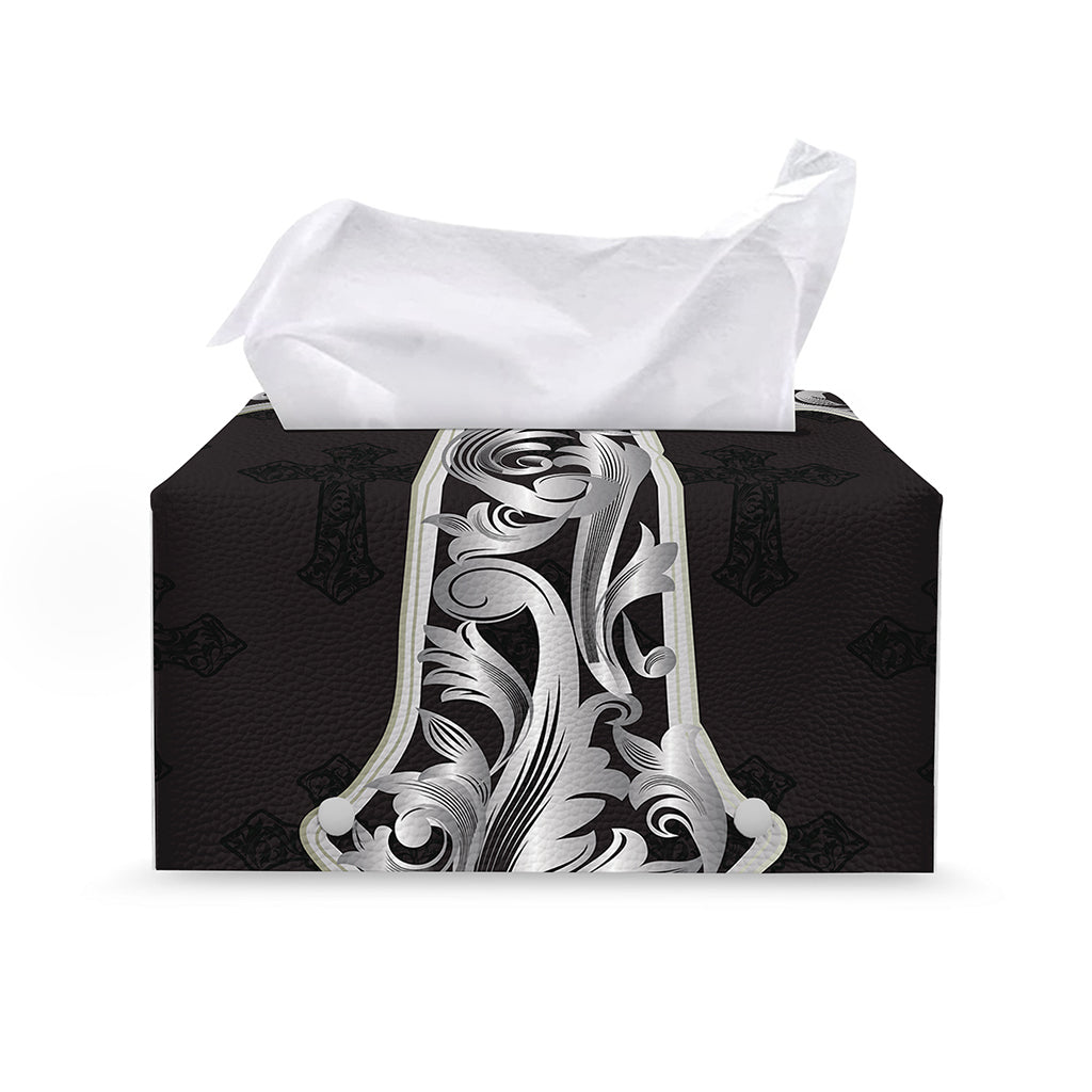 Ornamental Silver Cross Print Leather Tissue Box Cover