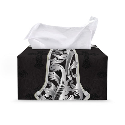 Ornamental Silver Cross Print Leather Tissue Box Cover