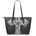Ornamental Silver Cross Print Leather Tote Bag With Zipper