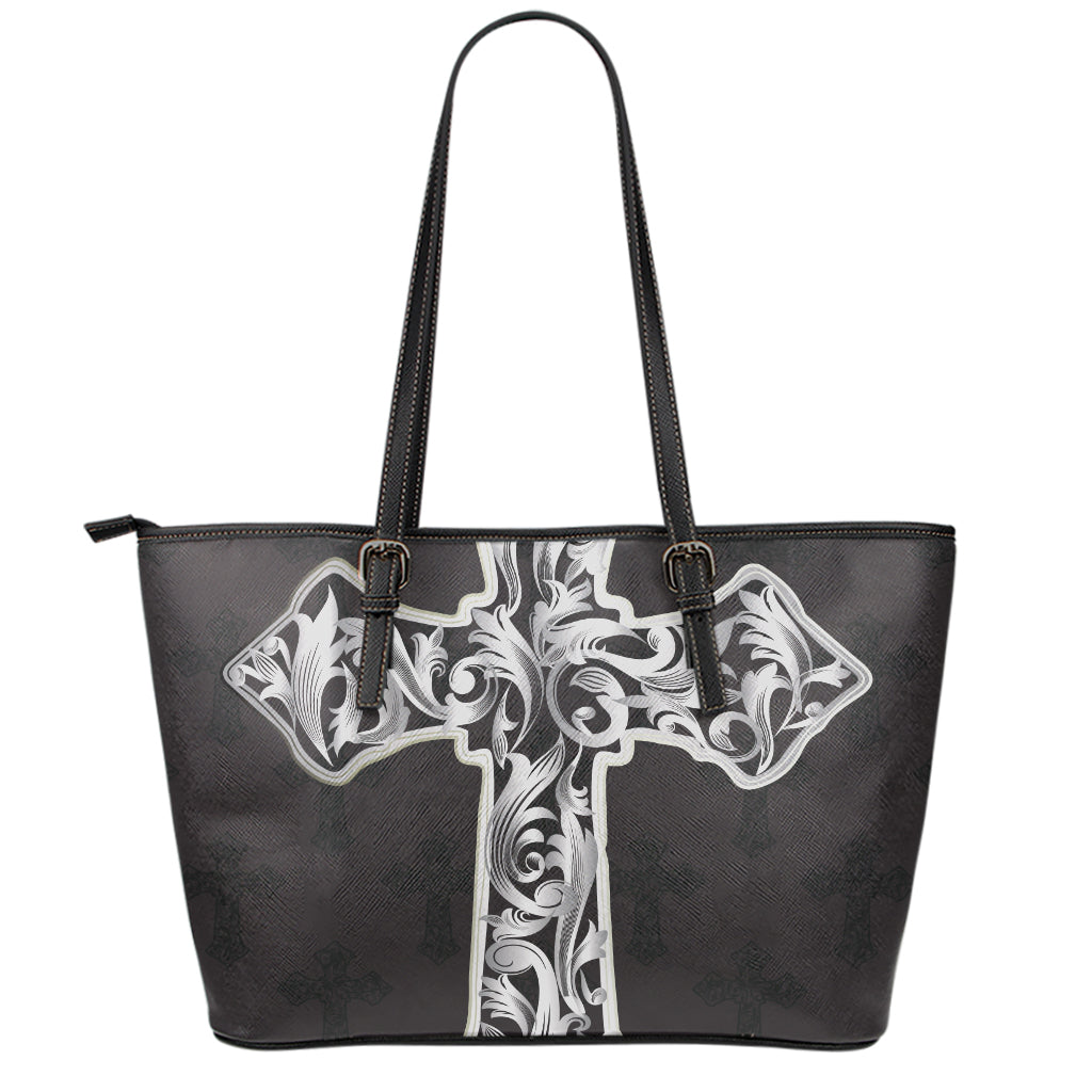 Ornamental Silver Cross Print Leather Tote Bag