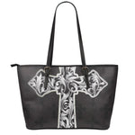 Ornamental Silver Cross Print Leather Tote Bag