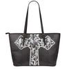 Ornamental Silver Cross Print Leather Tote Bag