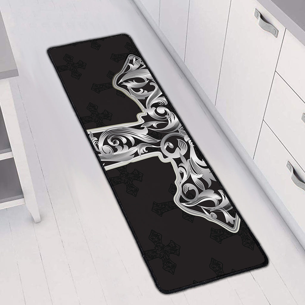 Ornamental Silver Cross Print Long Kitchen Mat