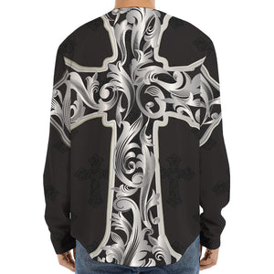 Ornamental Silver Cross Print Long Sleeve Baseball Jersey