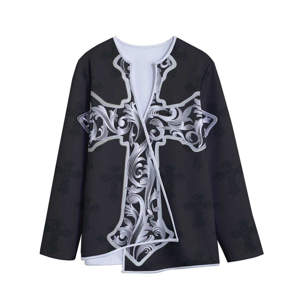 Ornamental Silver Cross Print Long Sleeve Short Coat