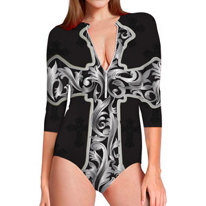 Ornamental Silver Cross Print Long Sleeve Swimsuit