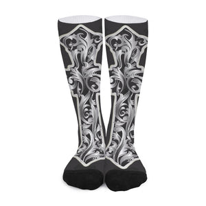 Ornamental Silver Cross Print Long Socks