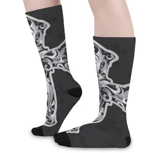 Ornamental Silver Cross Print Long Socks