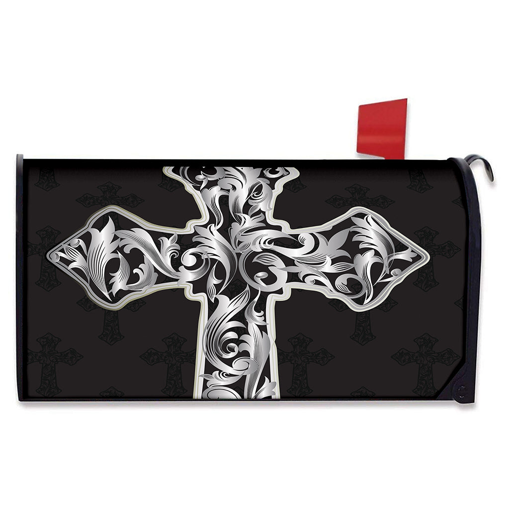 Ornamental Silver Cross Print Mailbox Cover