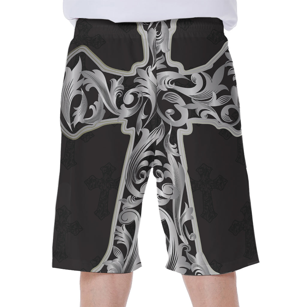 Ornamental Silver Cross Print Men's Beach Shorts