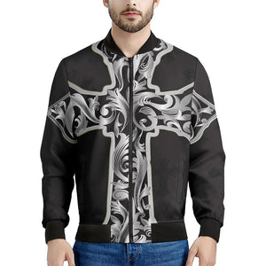 Ornamental Silver Cross Print Men's Bomber Jacket