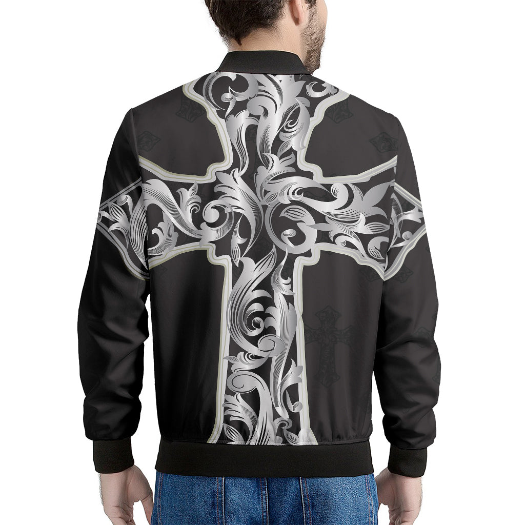 Ornamental Silver Cross Print Men's Bomber Jacket