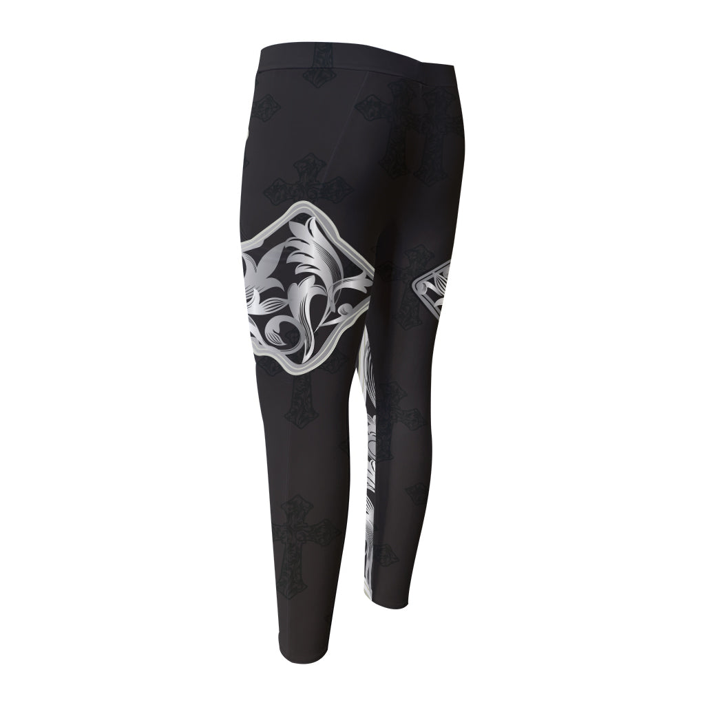 Ornamental Silver Cross Print Men's Compression Pants