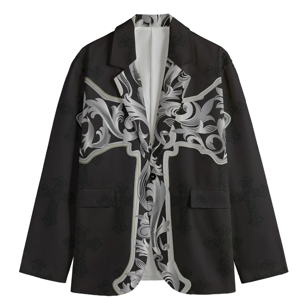 Ornamental Silver Cross Print Men's Cotton Blazer