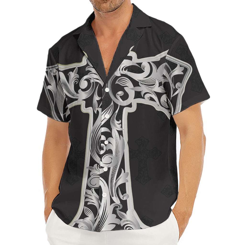 Ornamental Silver Cross Print Men's Deep V-Neck Shirt