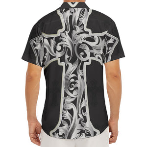 Ornamental Silver Cross Print Men's Deep V-Neck Shirt