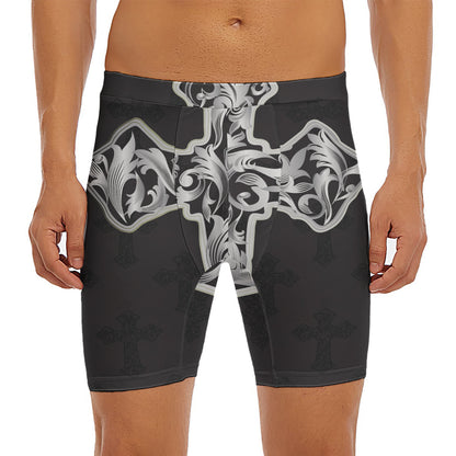 Ornamental Silver Cross Print Men's Long Boxer Briefs