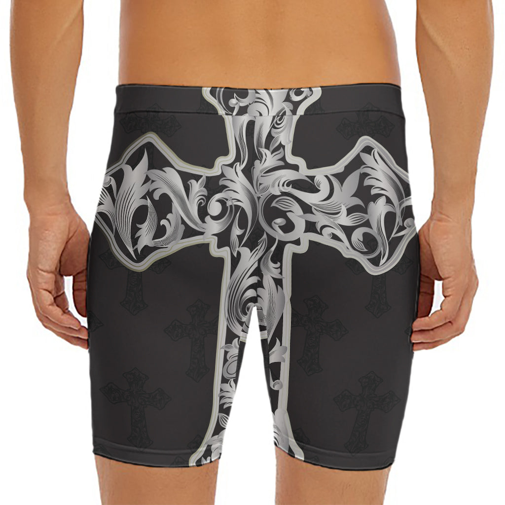 Ornamental Silver Cross Print Men's Long Boxer Briefs