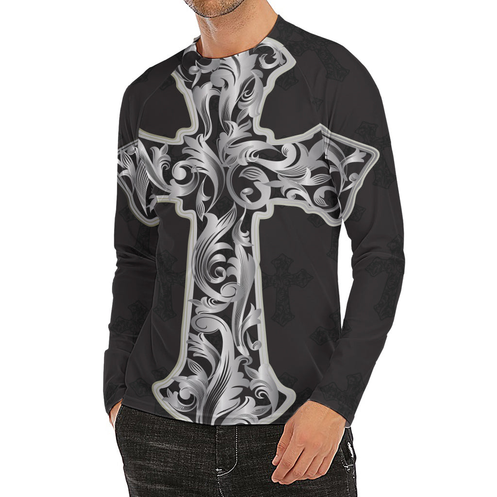 Ornamental Silver Cross Print Men's Long Sleeve Rash Guard