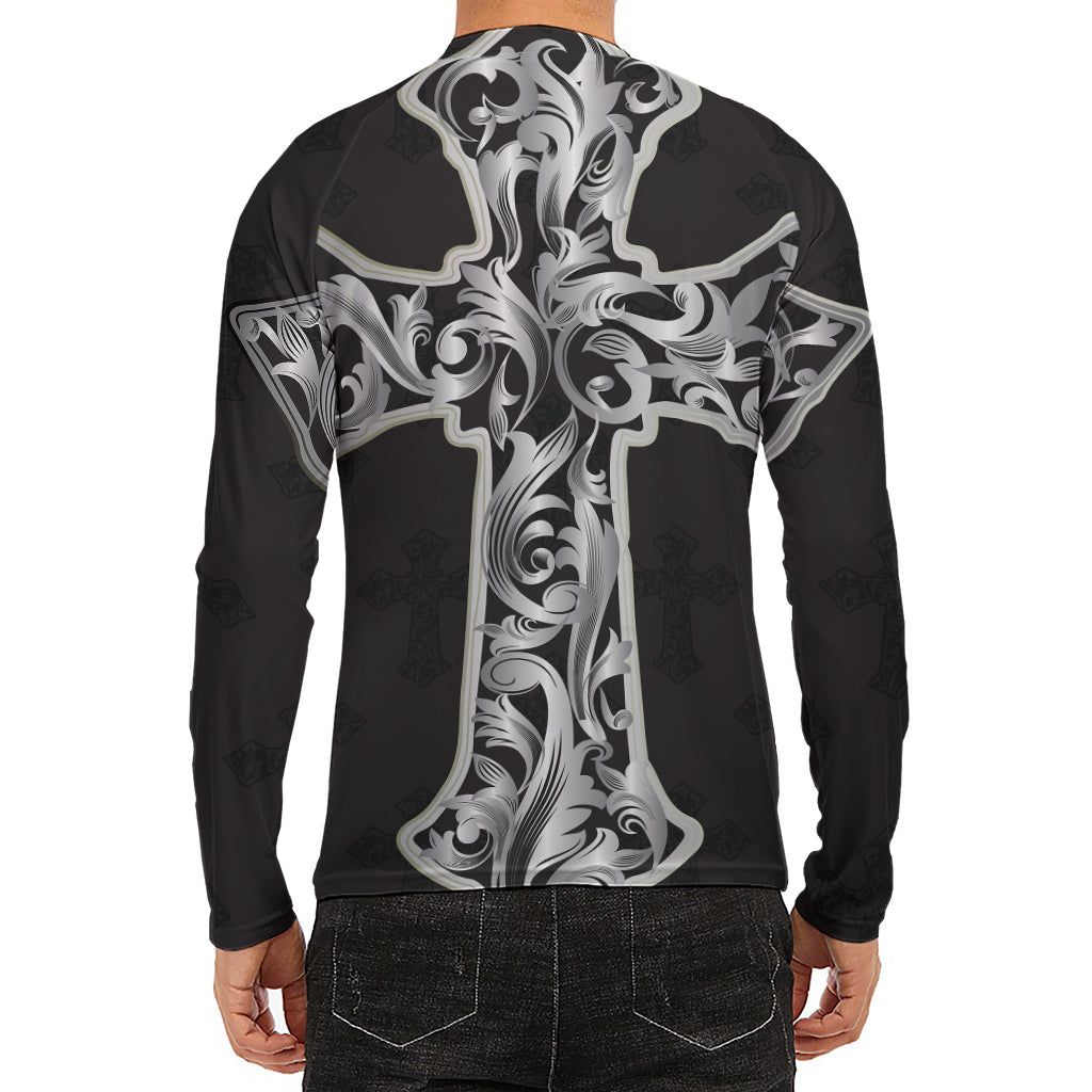 Ornamental Silver Cross Print Men's Long Sleeve Rash Guard