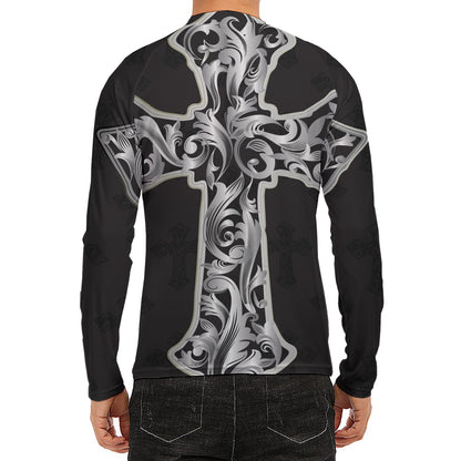Ornamental Silver Cross Print Men's Long Sleeve Rash Guard