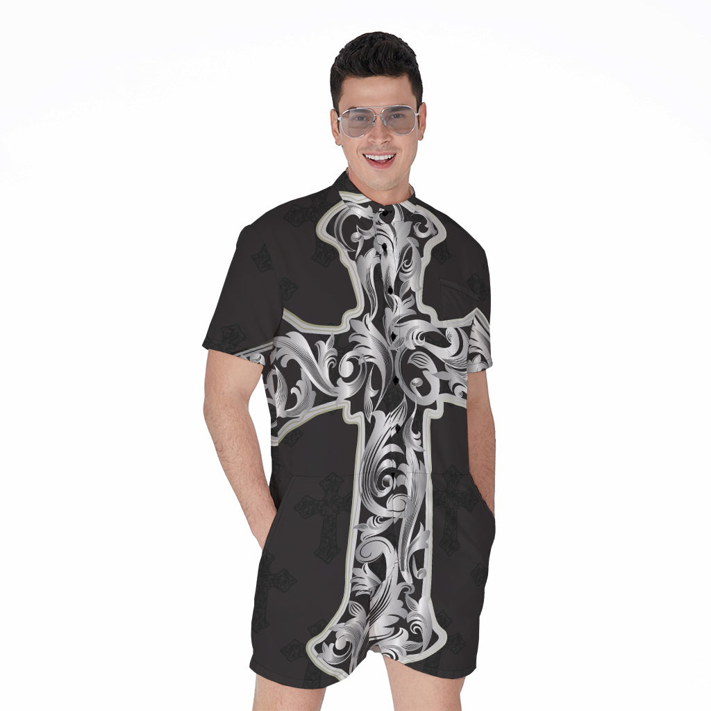 Ornamental Silver Cross Print Men's Rompers
