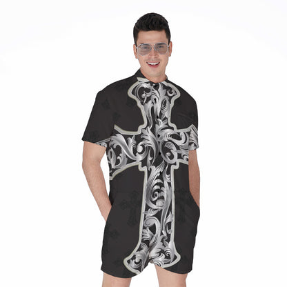 Ornamental Silver Cross Print Men's Rompers