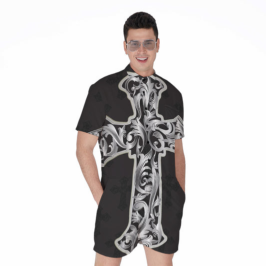 Ornamental Silver Cross Print Men's Rompers