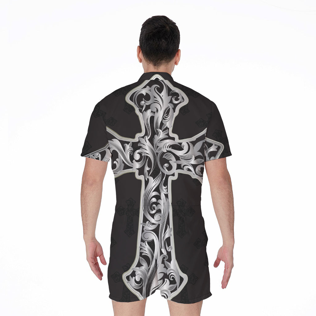 Ornamental Silver Cross Print Men's Rompers