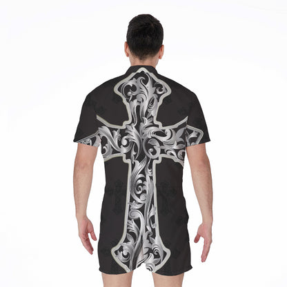 Ornamental Silver Cross Print Men's Rompers
