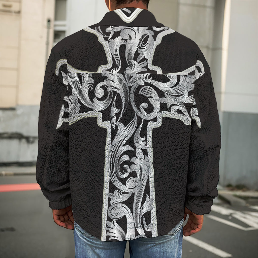 Ornamental Silver Cross Print Men's Shirt Jacket