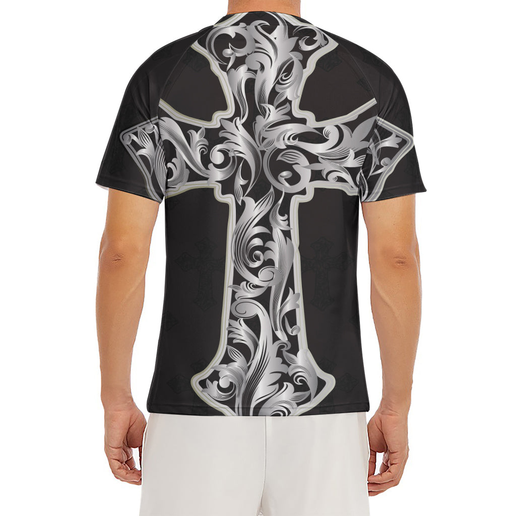 Ornamental Silver Cross Print Men's Short Sleeve Rash Guard