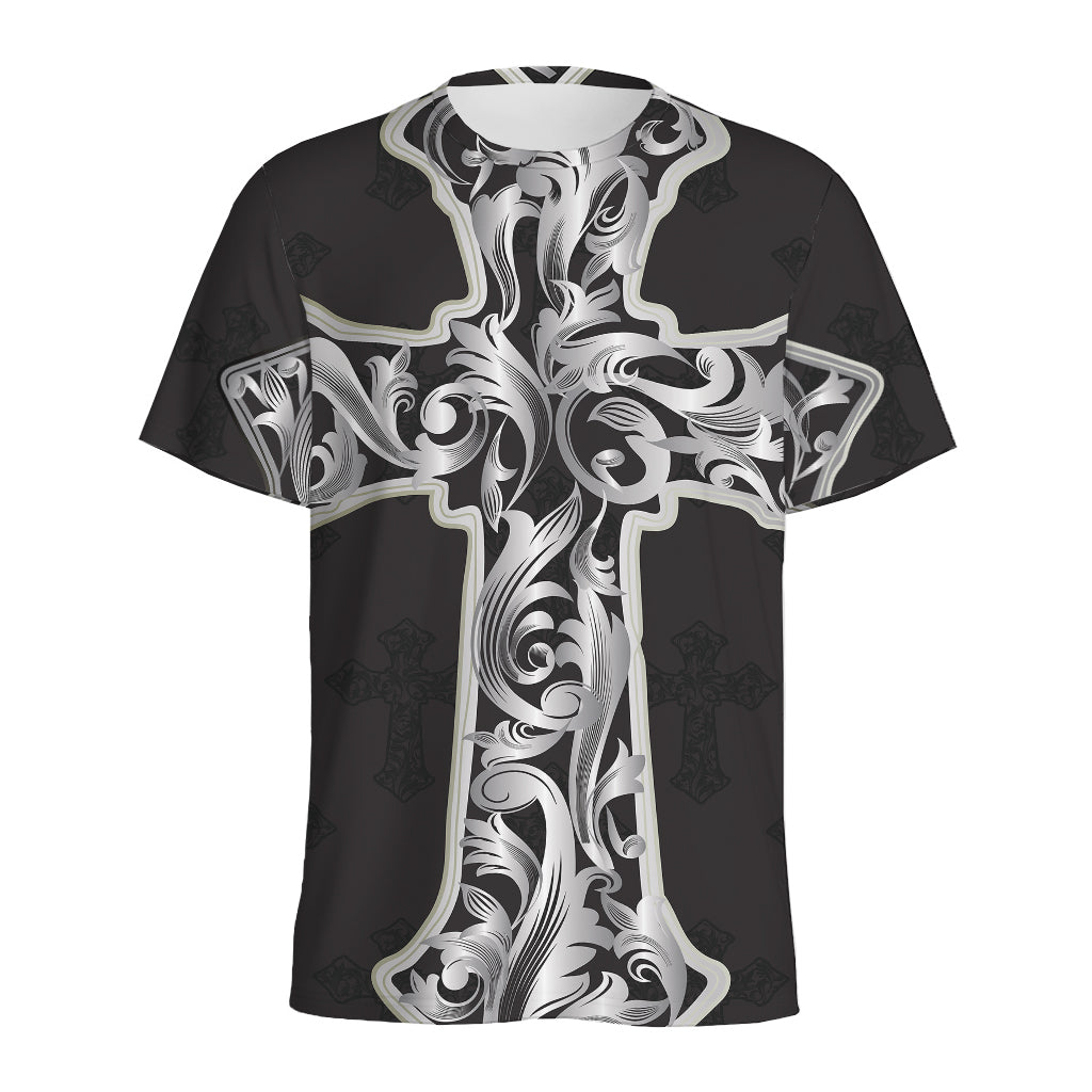 Ornamental Silver Cross Print Men's Sports T-Shirt