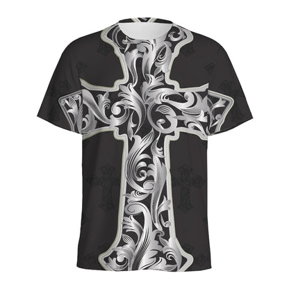 Ornamental Silver Cross Print Men's Sports T-Shirt