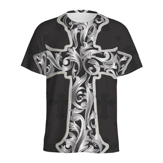 Ornamental Silver Cross Print Men's Sports T-Shirt
