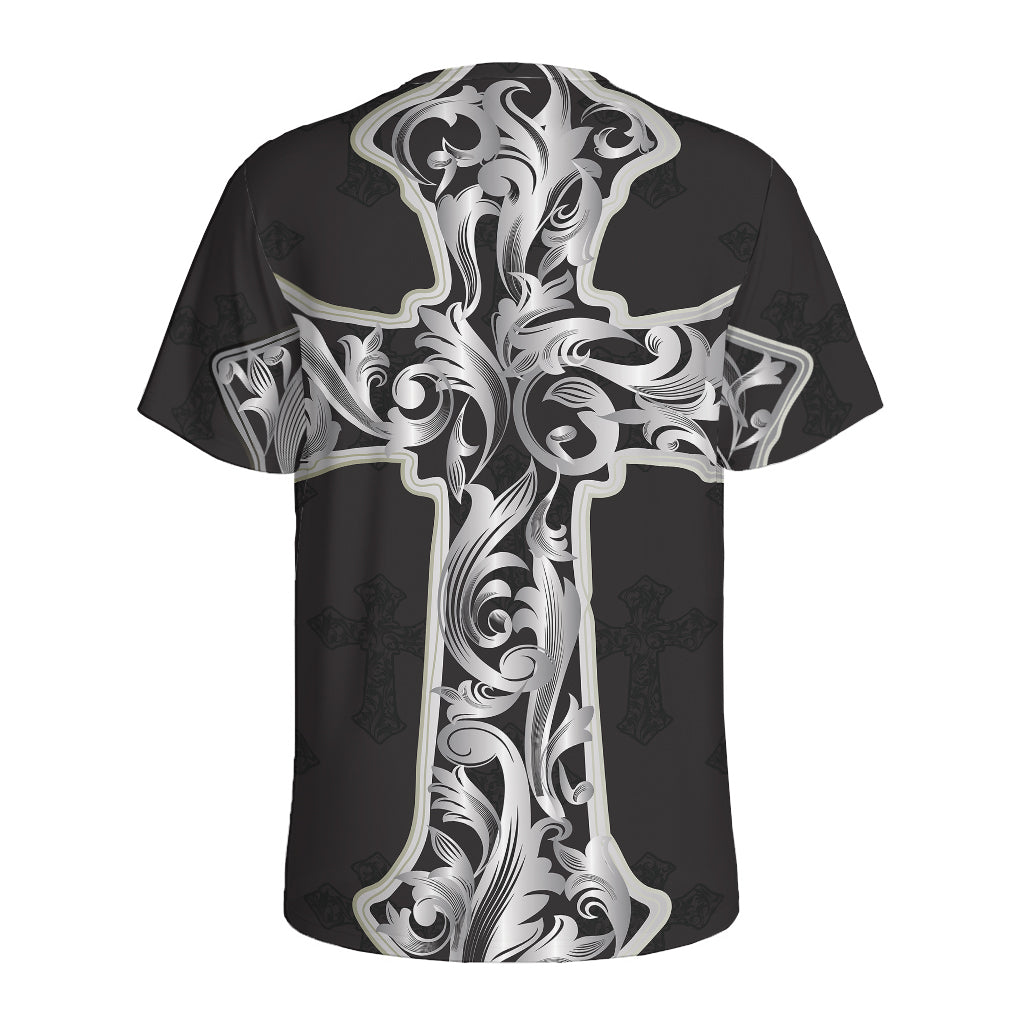 Ornamental Silver Cross Print Men's Sports T-Shirt