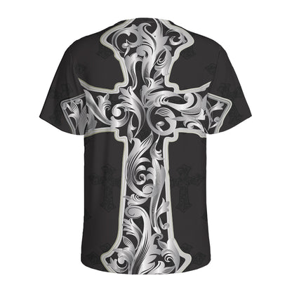 Ornamental Silver Cross Print Men's Sports T-Shirt