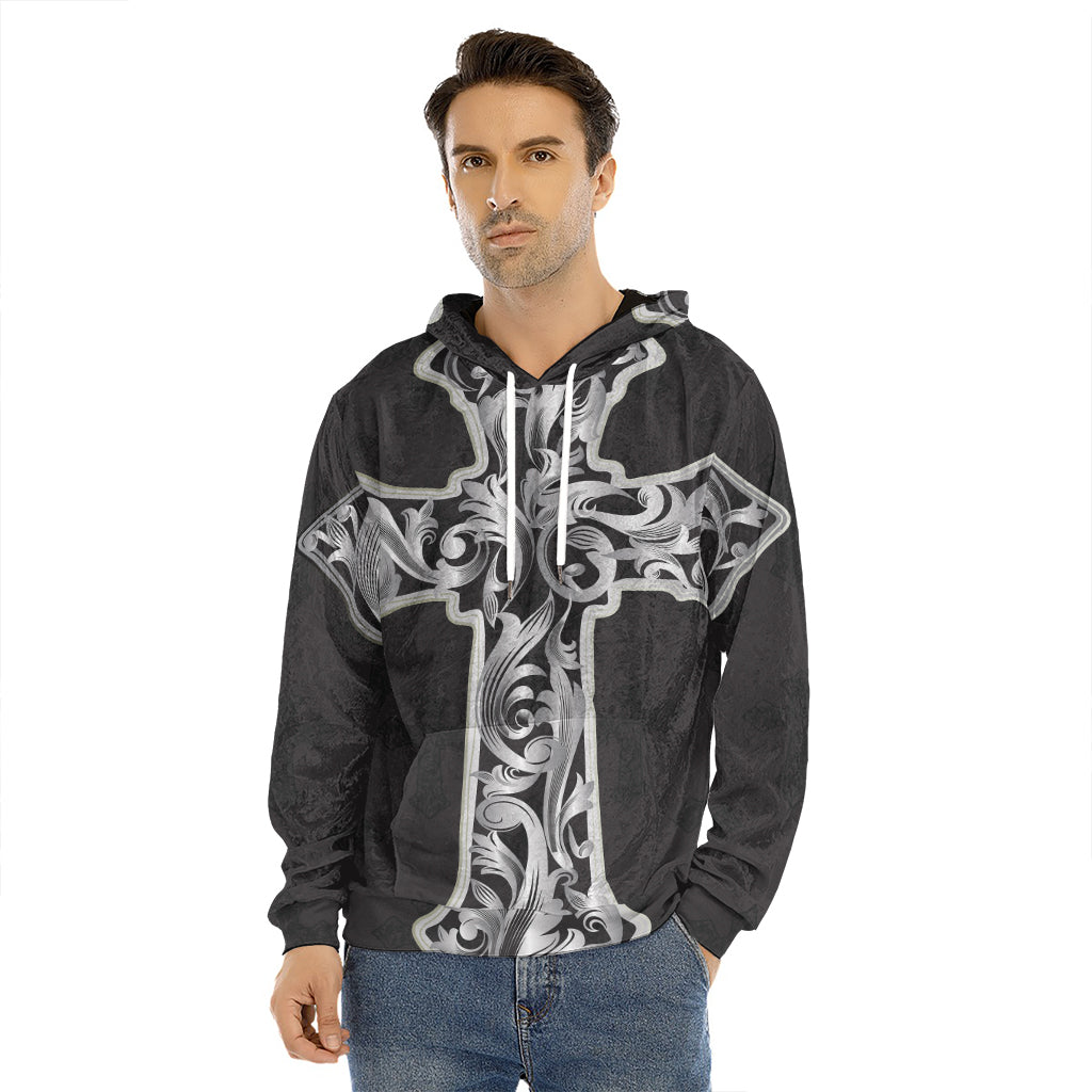 Ornamental Silver Cross Print Men's Velvet Pullover Hoodie