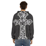 Ornamental Silver Cross Print Men's Velvet Pullover Hoodie