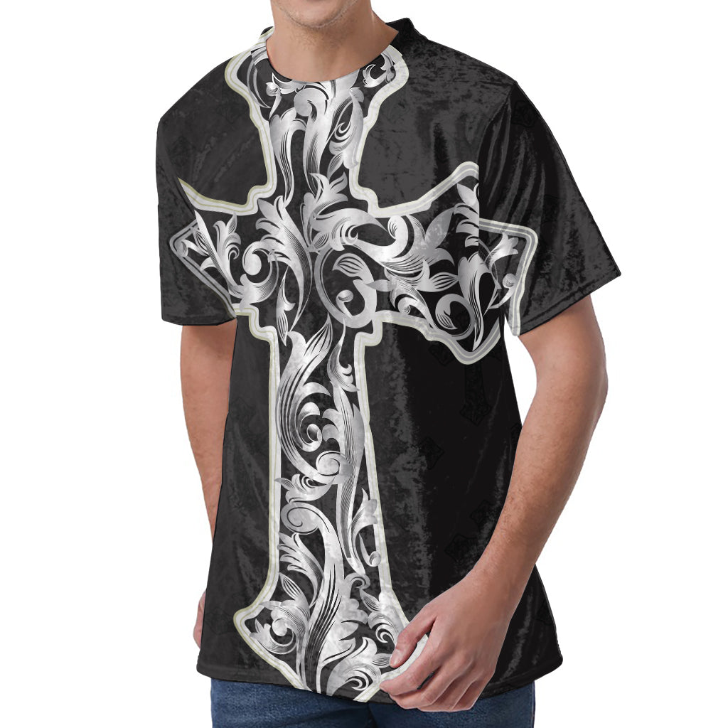 Ornamental Silver Cross Print Men's Velvet T-Shirt