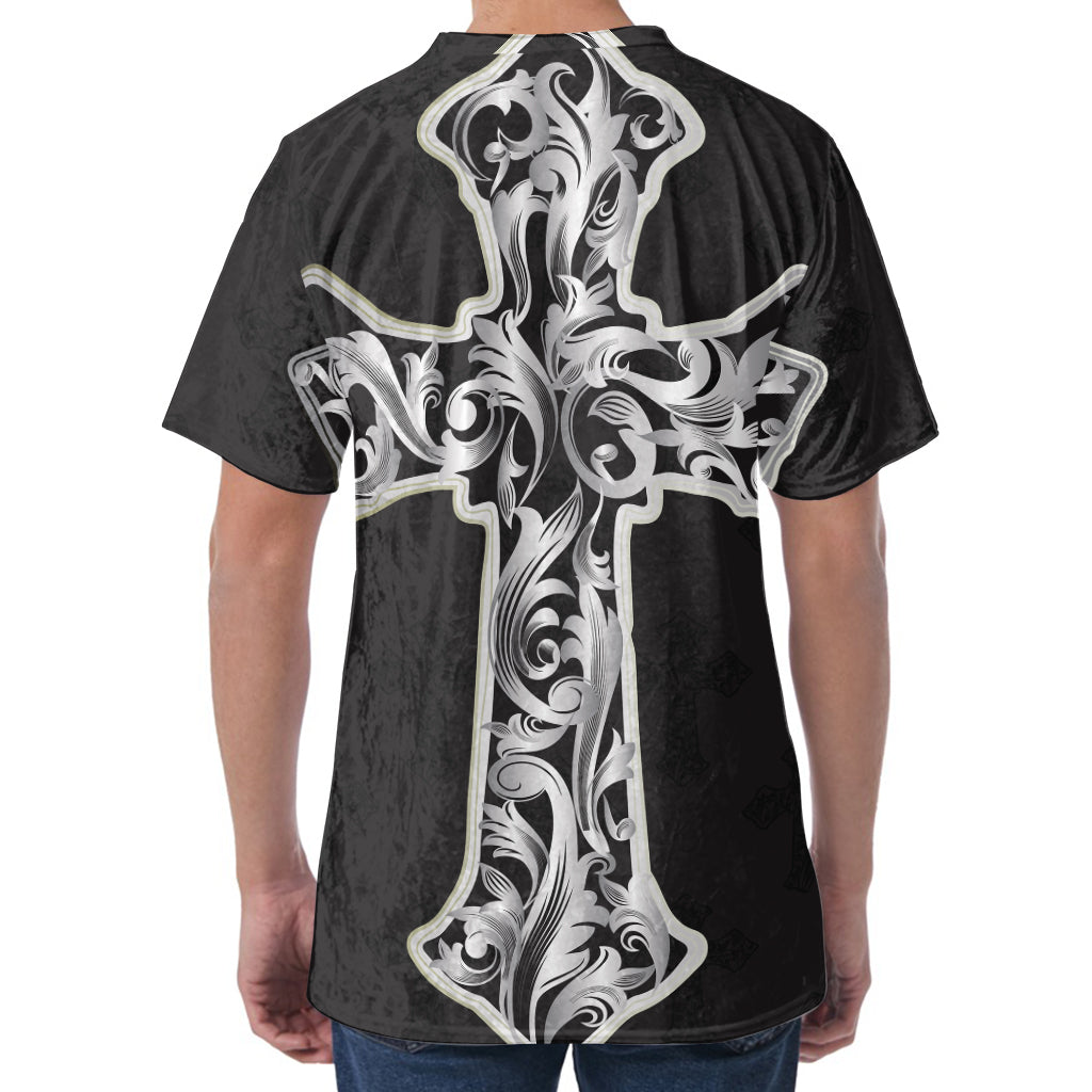 Ornamental Silver Cross Print Men's Velvet T-Shirt