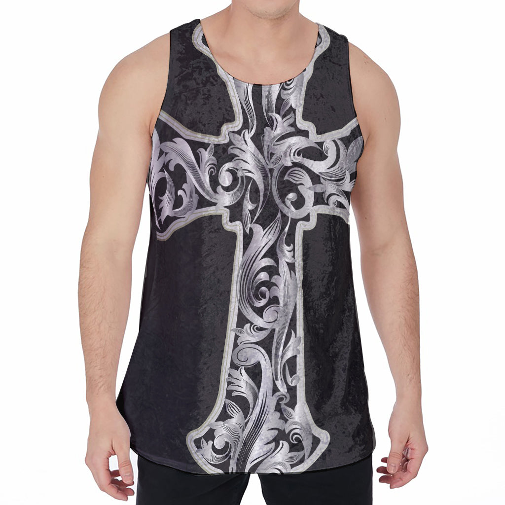 Ornamental Silver Cross Print Men's Velvet Tank Top