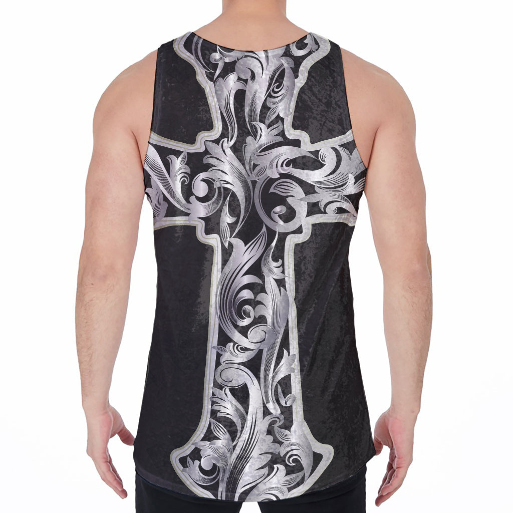 Ornamental Silver Cross Print Men's Velvet Tank Top