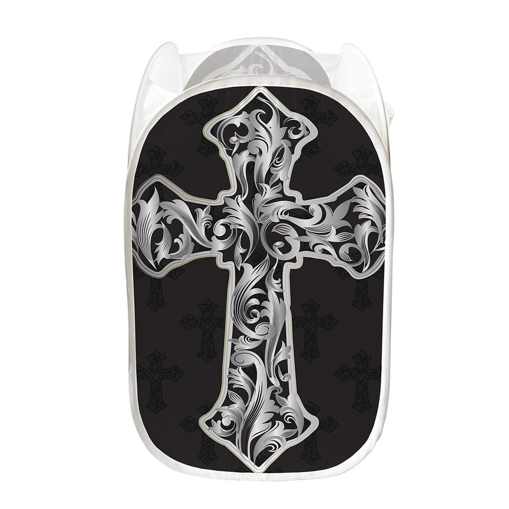 Ornamental Silver Cross Print Mesh Laundry Hamper