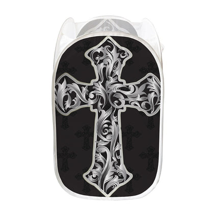 Ornamental Silver Cross Print Mesh Laundry Hamper