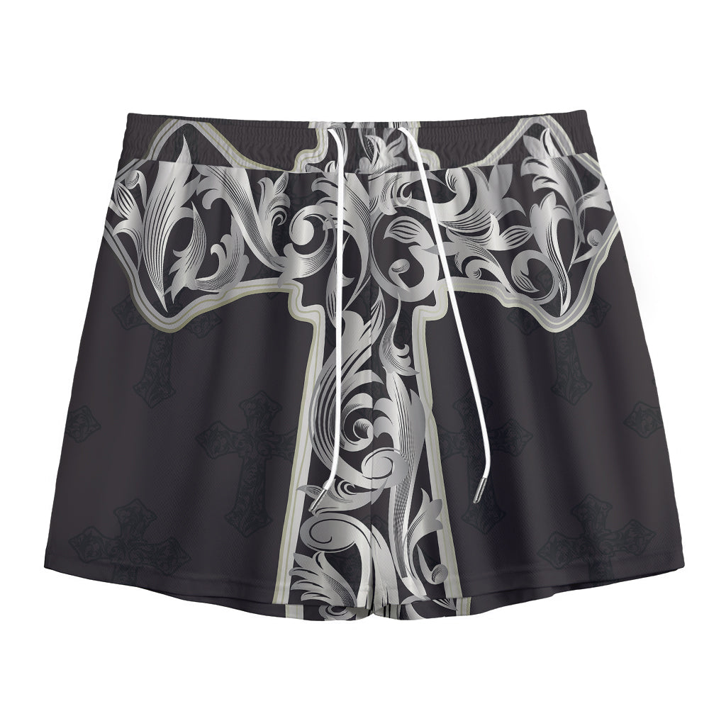 Ornamental Silver Cross Print Mesh Shorts